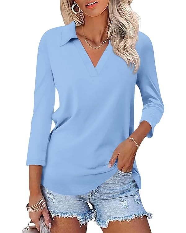 ORANDESIGNE Women's 3/4 Sleeves V Neck T Shirts Casual Summer Tops Basic Collar Cute Tees | Amazon (US)