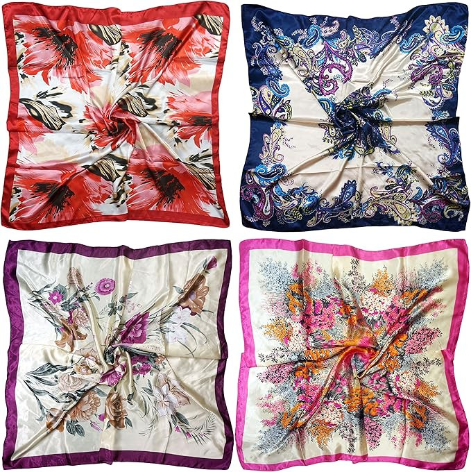 4 Pc Set Large 35 x 35 inches Satin Square Scarves Neck Hair Head Scarf Bundle | Amazon (US)