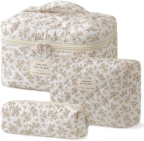 HBselect Quilted Makeup Bag, 3PCS Cotton Large Travel Makeup Bag, Cute Floral Coquette Make up Ba... | Amazon (US)
