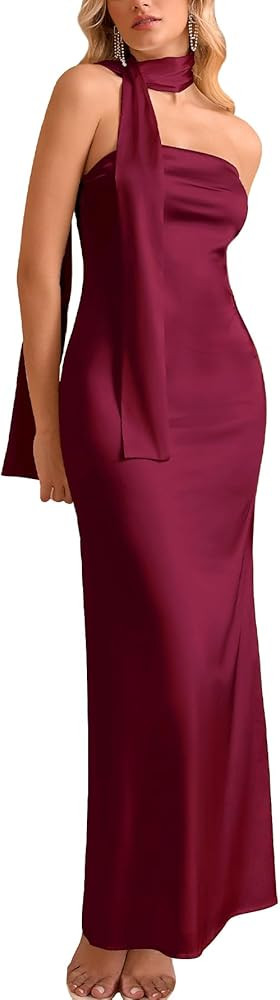 EYNMIN Women's Tube Maxi Dress with Scarf Satin Strapless Elegant Long Formal Wedding Guest Dress... | Amazon (US)