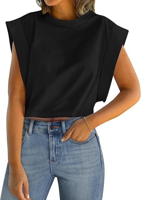 IWD Cap Sleeve Tops for Women Summer Crewneck Drop Shoulder Cropped Tank Top Dressy Casual Loose ... | Amazon (US)