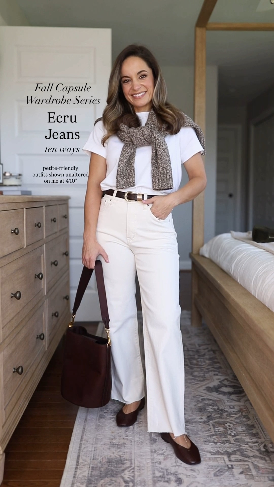 The fall 2026 casual capsule wardrobe series: ecru jeans styled multiple ways. 

Ecru Jeans (Madewell): 24 / 10 7/8” rise / 27” inseam (they also come in petite with a 10 3/8” rise / 25” inseam) 

Gray Cardigan (Quince): xs 
Striped Sweater (Madewell): xs 
Brown Marled Sweater (Gap): petite xs 
White Sweater (Gap): petite xs 
White T-Shirt (Old Navy): petite xs 
Denim Top (Target): small (sized up) 
White Button Down (Quince): xs 
Orange Top (Madewell): xxs 
Dark Wash Jeans (J.Crew Factory): petite 24 / 10” rise / 28” inseam 
Corduroy Pants (BR Factory): petite 25 / 10” rise / 27.5” inseam 
Corduroy Dress (J.Crew): 00 (also comes in petite) 
Green Jacket (Ann Taylor): petite xxs 
Field Jacket (Madewell): xxs 
Corduroy Skirt (Gap Factory): 25 - sized up 

Included shoes are all true to size 

For size comparison, I’m 4’10” 105lbs. My measurements are 32”, 24”, 36”. I typically wear petite xxs/00/24 and have a 25” ankle inseam and a 27.5-28” full length inseam.

#LTKPetite