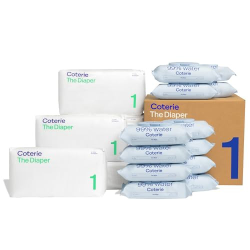 Coterie Baby Wipes + Diapers Kit, Size 1 Diapers (198 Count) & 12 Pack (672 Count) Baby Wipes with 99% Water, Plant Based Materials, Hypoallergenic for Sensitive Skin | Amazon (US)