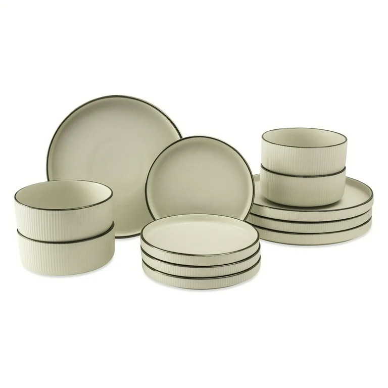 Thyme & Table 12-Piece Cream Ribbed Stoneware Dinnerware Set, Service for 4, Aden Collection | Walmart (US)