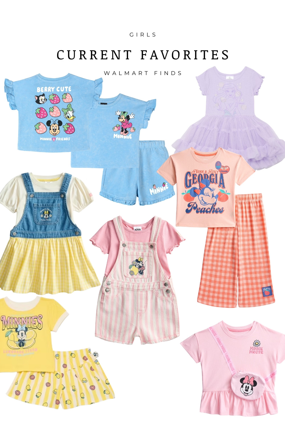 Girls Disney outfits from Walmart featuring Minnie Mouse, Daisy Duck, and princess inspired styles perfect for spring and summer. These Walmart finds include Minnie Mouse short sets, toddler girl character tees, denim overall dresses, striped overall shorts, gingham wide leg pants, twirl dresses, and cute matching skirt sets. Perfect for Disney park outfits, everyday play, vacation looks, and sibling matching. Affordable girls Disney clothes, toddler girl outfits, and trendy kids character fashion all in one roundup.

#LTKTravel #LTKKids