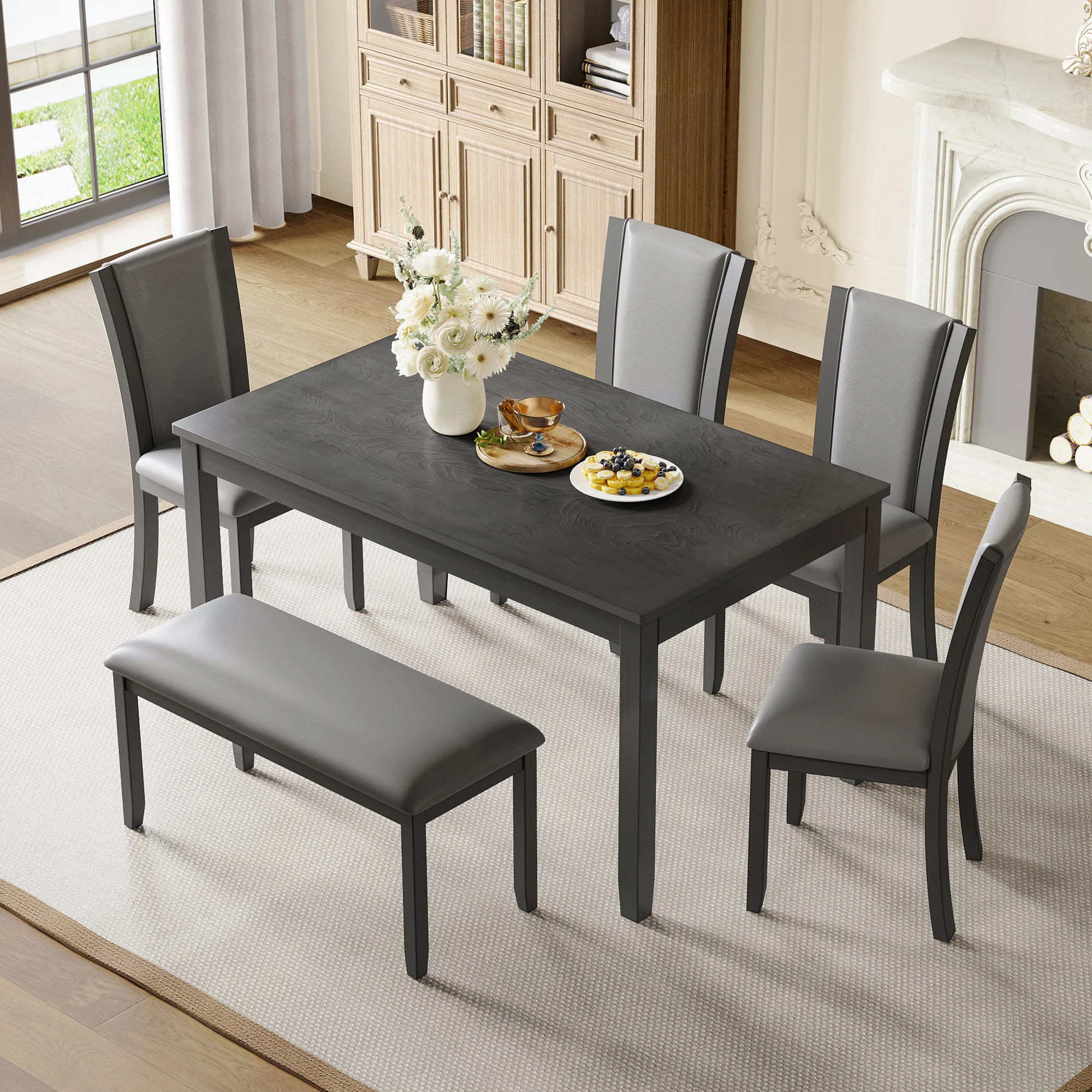 GlasFlength Six Piece Grey Wooden Dining Table Set with Bench and Upholstered Chairs for Comfortable Family Meals and Kitchen Dining Gray ideal for | Lowe's