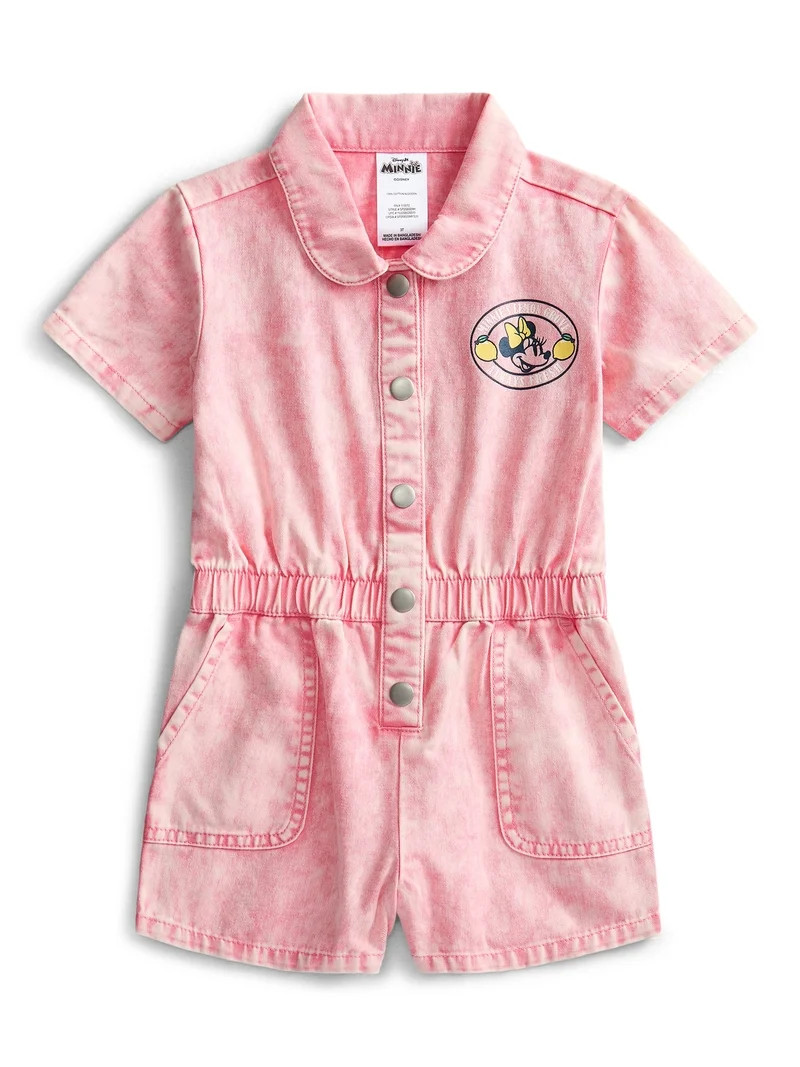 Minnie Mouse Toddler Girl Twill Romper with Short Sleeves, Sizes 12M-5T | Walmart (US)