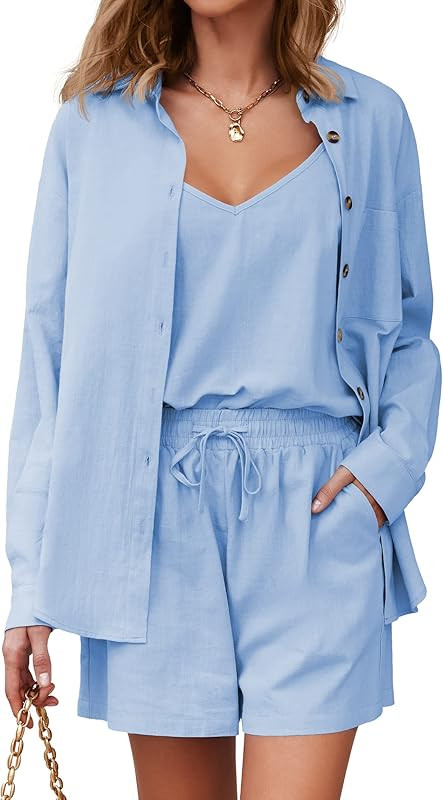 Zeagoo 3 Piece Long Sleeve Outfits for Women Linen Set Button Up Shirts High Waisted Shorts V Neck T | Amazon (US)