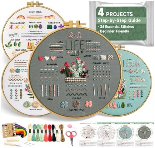 Bofoho 4 Pack Starter Embroidery Kit for Beginners – All-in-One Stitch Practice Kit with Simple... | Amazon (US)