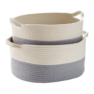 Set of 2 Grey Cotton Rope Oval Bins with Handles | The Container Store