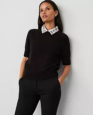 Rhinestone Mixed Media Sweater Tee | Ann Taylor (US)