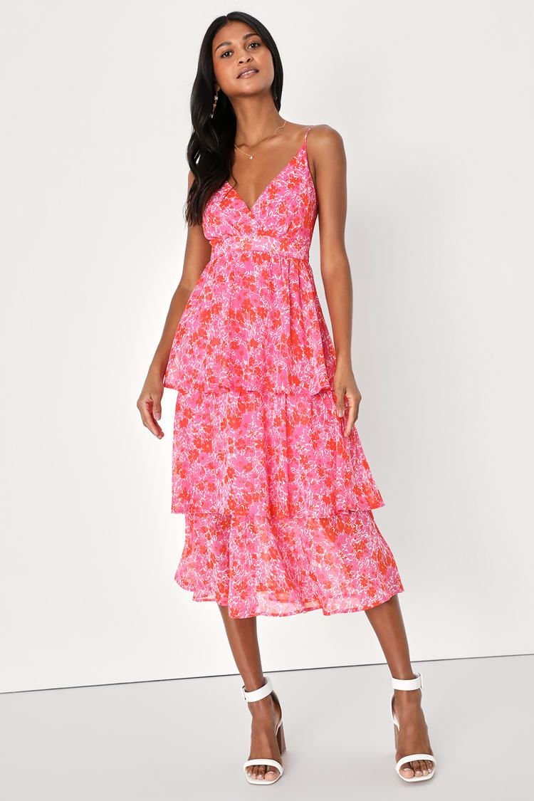 Adorable Obsession Pink Floral Print Lurex Tiered Midi Dress | Lulus (US)