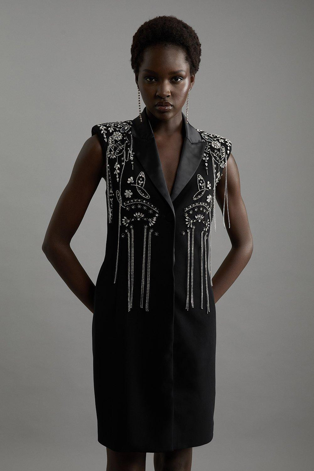 Embellished Detail Plunge Collar Woven Mini Dress | Karen Millen US