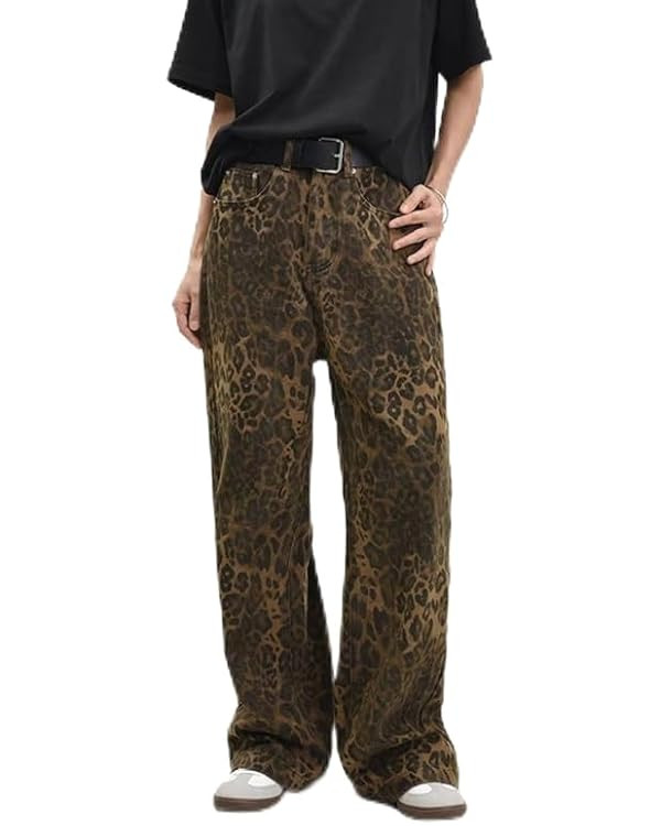 Tan Leopard Jeans Women&Men Denim Pants Female Oversize Wide Leg Trousers Street Wear Hip Hop Vin... | Amazon (UK)