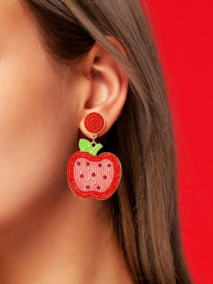 1pair Red Apple Shaped Bohemia Bead & Oil Drop Teacher Campus Drop Earrings | SHEIN