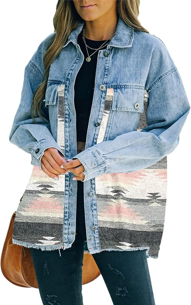 Zontroldy Aztec Denim Jacket for Women Oversized Button Down Distressed Denim Jean Shirt Shacket ... | Amazon (US)