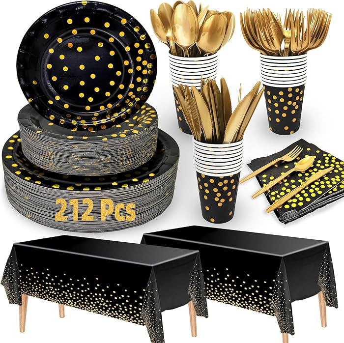 212 Piece New Year Paper Plates and Napkins Disposable Dinnerware Set Serve 30, Includes Black Go... | Amazon (US)