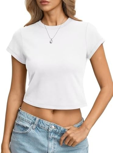 Womens Cotton T Shirts Basic Baby Tee Crop Tops Crewneck Slim Fit Short Sleeves Tee Summer Cute C... | Amazon (US)