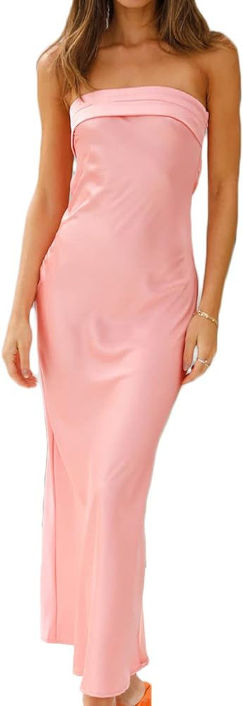 Realtix Satin Silk Backless Tube Tops Maxi Dress for Women Low Back Hollow Out Elegant Strapless ... | Amazon (US)