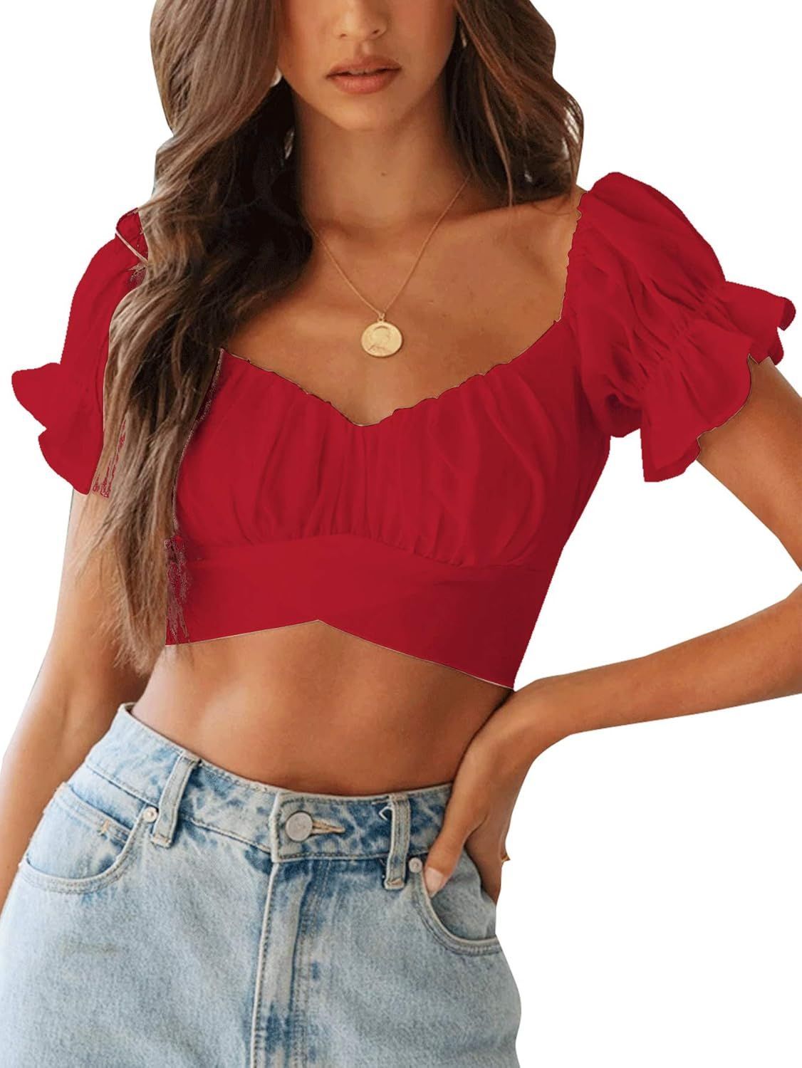 LYANER Women's Ruffle Short Sleeve Tie Up Back Crop Top Off Shoulder Bardot Blouse | Amazon (US)