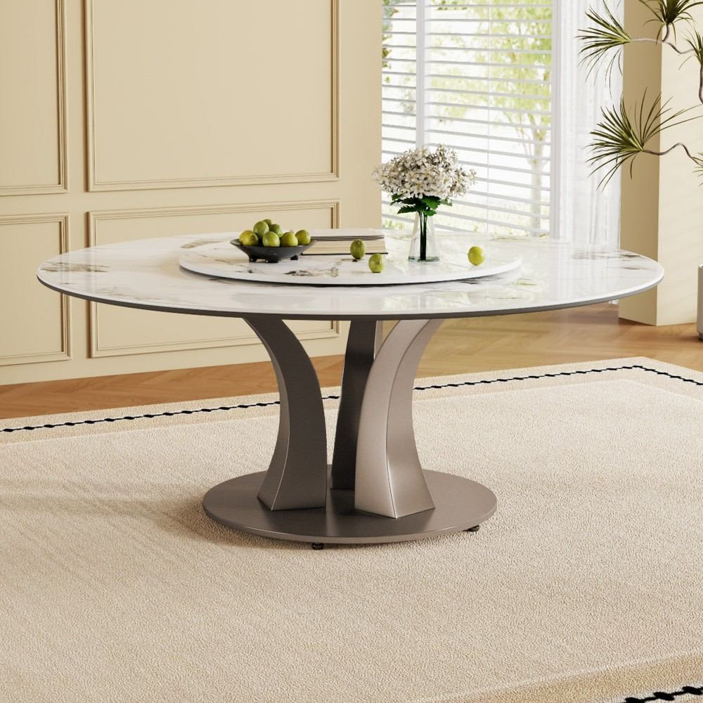 Coolbibila 59 Inch Round Dining Table with Lazy Susan Modern White Sintered Stone Dining Table for Dining Room Stainless Steel | DAWSON-TABLE-WHITE | Lowe's