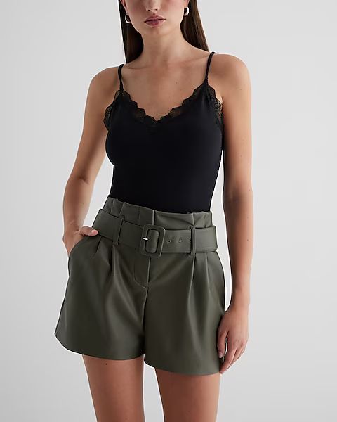 Super High Waisted Faux Leather Belted Paperbag Shorts | Express