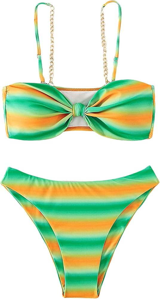 Milumia Women's 2 Piece Ombre Twist Front Bikini Set Spaghetti Strap Chain Linked Swimsuit | Amazon (US)
