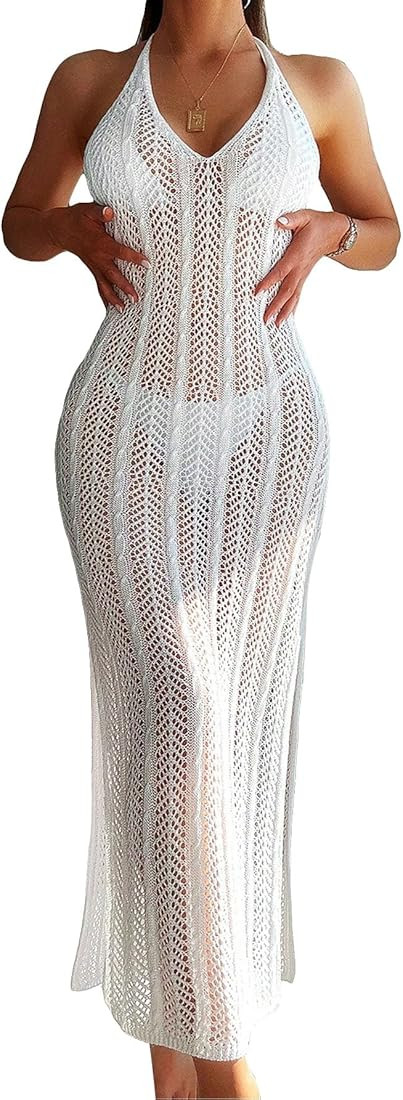 Verdusa Women's Halter Neck Tied Backless Crochet Knitted Bikini Cover Up Dress | Amazon (US)