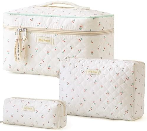 HBselect Quilted Makeup Bag, 3PCS Cotton Large Travel Makeup Bag, Cute Floral Coquette Make up Ba... | Amazon (US)