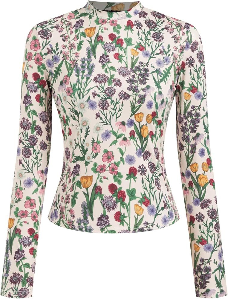 CIDER Women's Floral Knitted Long Sleeve Mock Neck Going Out Slim Fit Tops Fall Outfits Trendy Cl... | Amazon (US)
