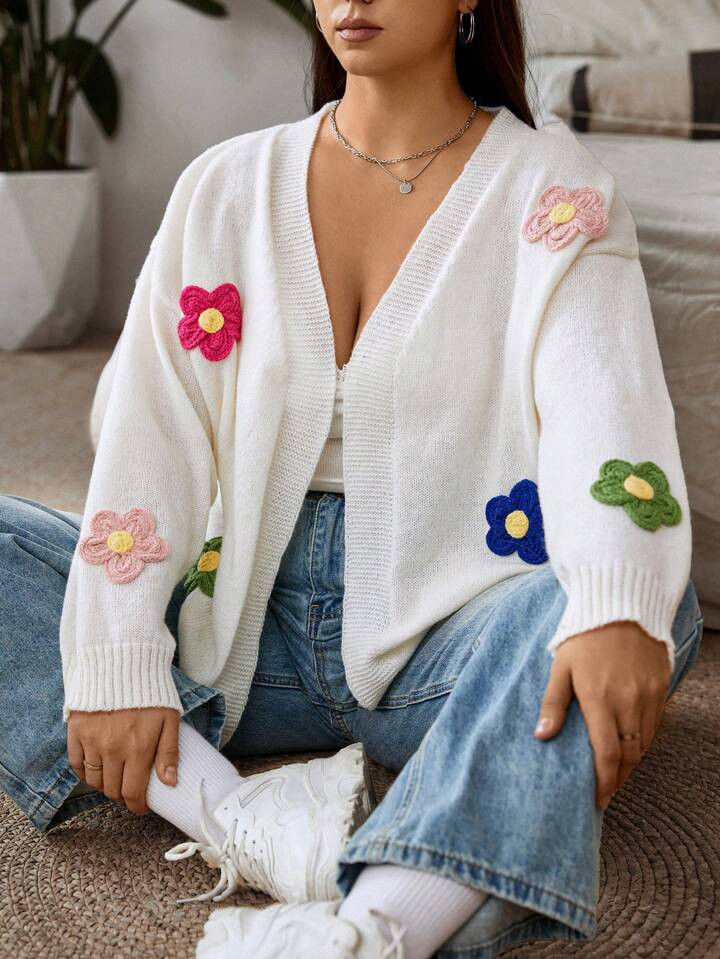 Plus Floral Patched Drop Shoulder Open Front Cardigan | SHEIN