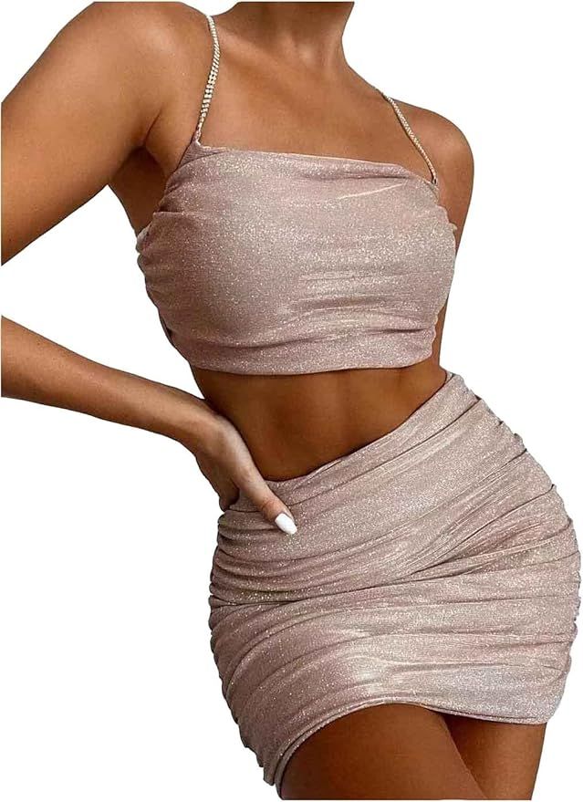 EVILD 2 Pieces Ruched Mini Dress Rhinestone Strap Sexy Tank Glitter Bodycon Dress Cami Dress Part... | Amazon (US)