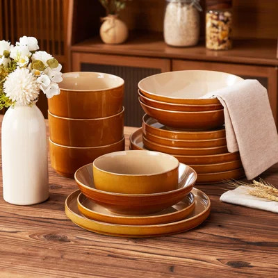 16 Piece Two,Tone Glazed Stoneware Set For 4, Earthy Brown Ombre,Raised Rim Dinner Plates, Dessert Plates, Soup & Cereal Bowls | Wayfair North America