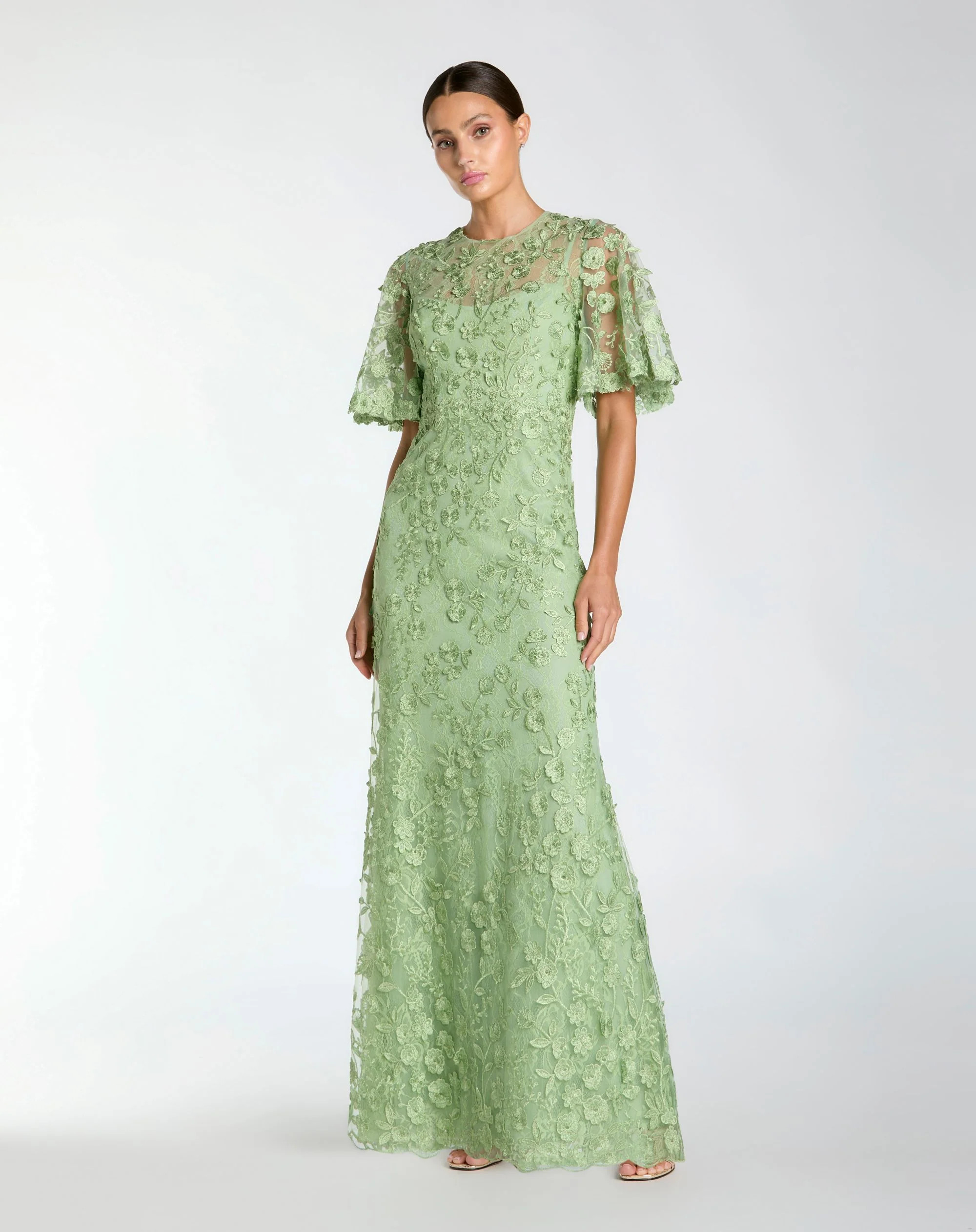 Green Flutter Sleeve Floral Embroidered Net Gown | Mac Duggal