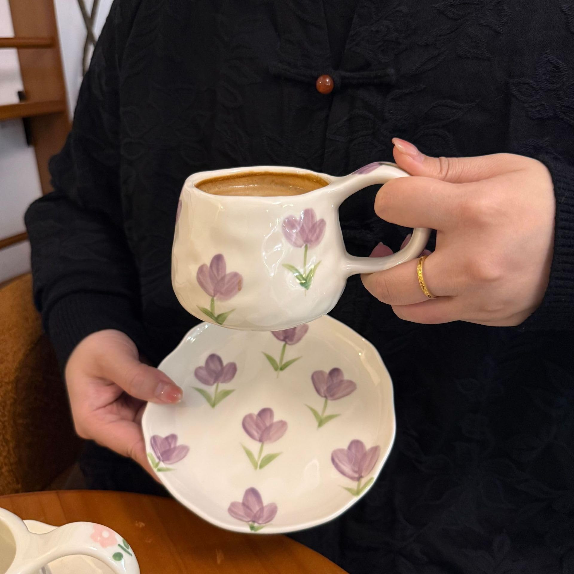 Koythin Ceramic Coffee Mugs Set with Saucer, 250ml / 8oz Cute Floral Coffee Mug Irregular Latte A... | Amazon (US)