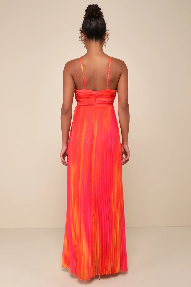 Lovely Boldness Orange Multi Watercolor Pleated Maxi Dress | Lulus
