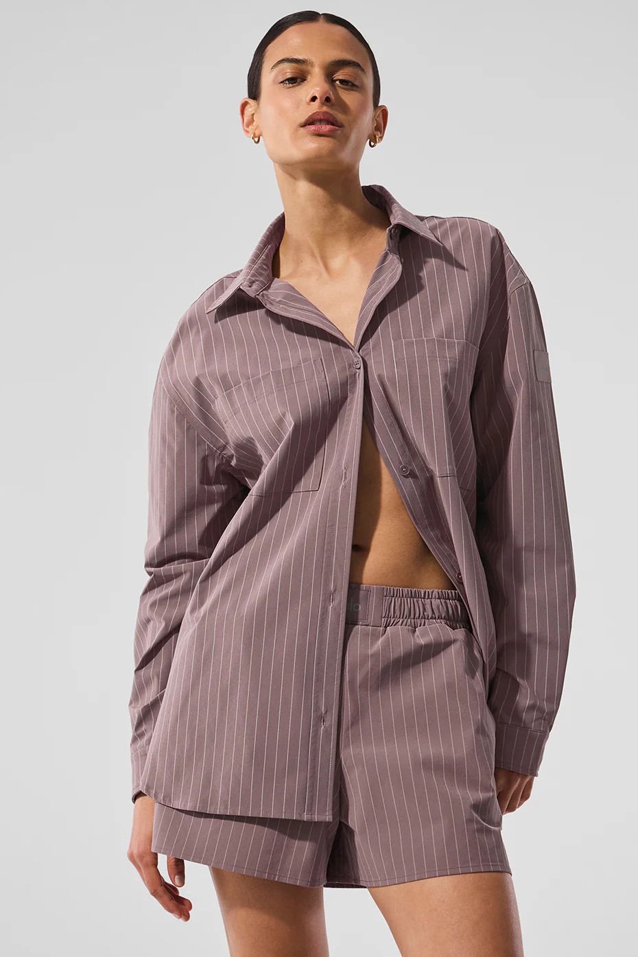 Alo YogaÂ® | Pinstripe Daylight Button Down Long Sleeve Top in Mushroom/Ivory Brown, Size: Medium | Alo Yoga (US)