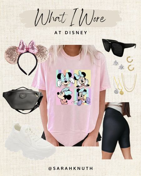 Disney outfits, bum bag, travel bag, sunglasses, biker shorts, Minnie Mouse T-shirt, Minnie ears, dad sneaks

#LTKtravel #LTKunder50 #LTKshoecrush