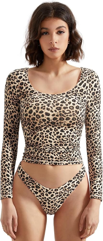 SUUKSESS Women Double Lined Fitted Basic T Shirts Scoop Neck Long Sleeve Crop Top | Amazon (US)