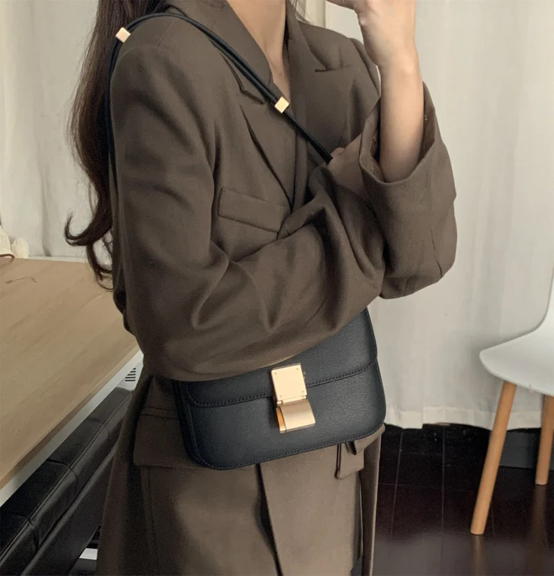 Black Calfskin Leather Box Bagmobile Phone Bag Makeup Bag - Etsy | Etsy (US)