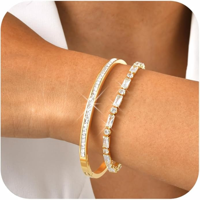 Stackable Gold Bracelets for Women - 2Pcs 18K Gold Plated Cubic Zirconia Bangle Bracelet Friendsh... | Amazon (US)