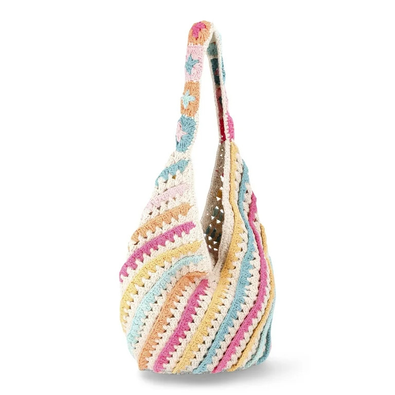 No Boundaries Festival Crochet Hobo Bag, Natural Stripe, Women's - Walmart.com | Walmart (US)