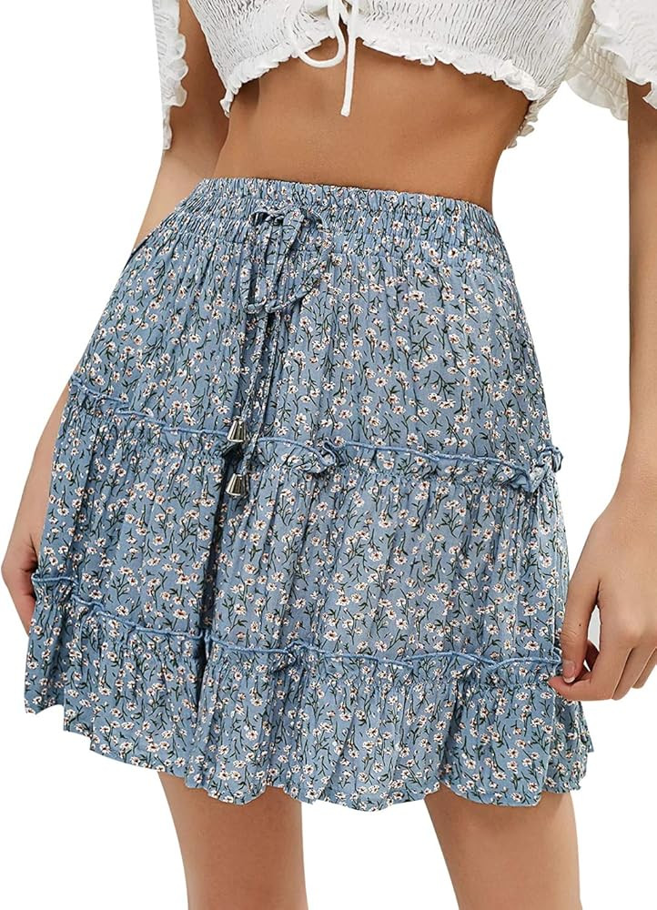 Women's High Elastic Waist Floral Print Pleated A Line Boho Beach Mini Skirts | Amazon (US)
