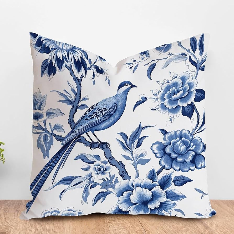 ArogGeld Chinoiserie Chic Throw Pillow Cushion Blue Indigo Floral and Bird Throw Pillow Cover Nav... | Amazon (US)