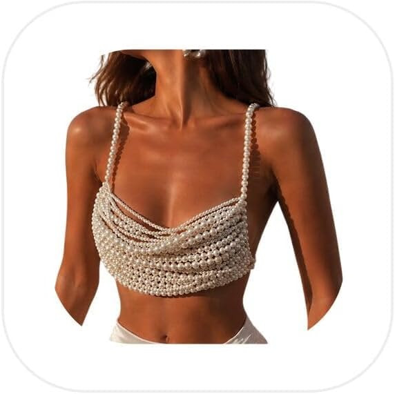 Sexy White Pearl Tassel Bra Body Chain Jewelry Multi-layered Beaded Lingerie Chain Festival Rave ... | Amazon (US)