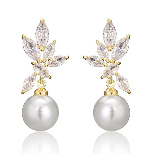 LEMOXIVI Gold Plated Pearl Drop Dangle Earrings for Women, Pearl Wedding Earrings for Brides Dangling, CZ Bridal Earrings for Wedding Bridesmaids, Prom Jewelry Gifts, Style2-Gold | Amazon (US)