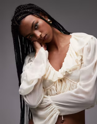 ASOS DESIGN chiffon ruffle tie front blouse in ecru | ASOS | ASOS (Global)