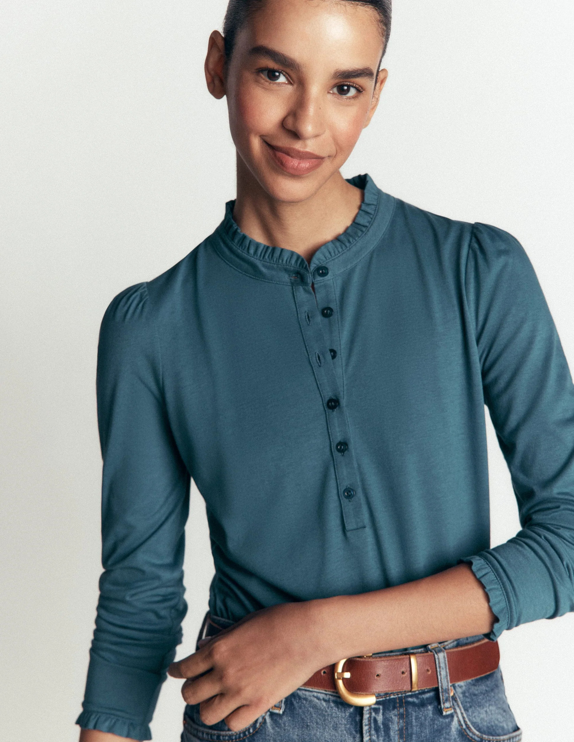 Supersoft Frill Henley Top-Storm Blue | Boden (US)
