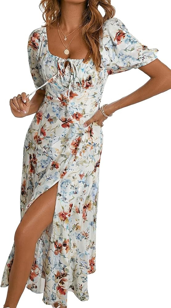 BLENCOT Casual Womens Summer Short Sleeve Square Neck Split Midi Dresses | Amazon (US)