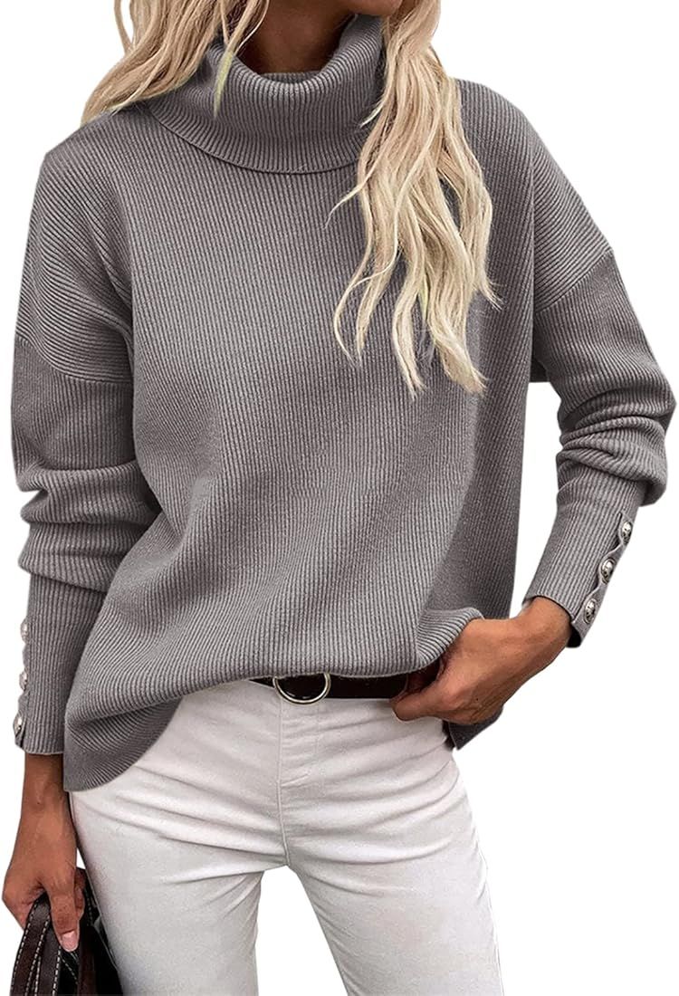 Koinshha Women's Turtle Cowl Neck Long Sleeve Sweater Button Oversized Chunky Knit Pullover Sweaters | Amazon (US)